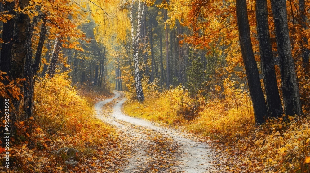 Autumn magic in Eastern Europe: a forest path surrounded by vibrant yellow and orange leaves, tree trunks, and a picturesque road through the foliage Autumn magic in Eastern Europe: a forest path surrounded by vibrant yellow and orange leaves, tree trunks, and a picturesque road through the foliage