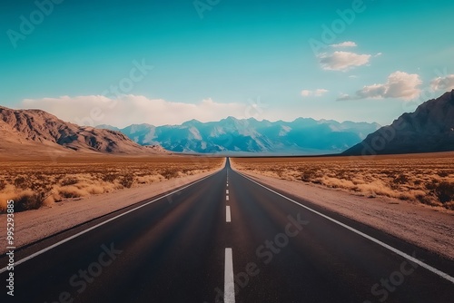 Long straight country road with great mountains in horizon and clear blue sky above