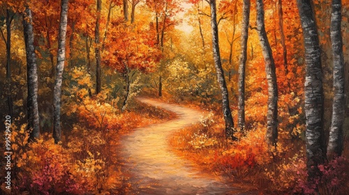 Autumn path in a serene forest, surrounded by fiery fall colors that transform the walk into an enchanting and peaceful journey