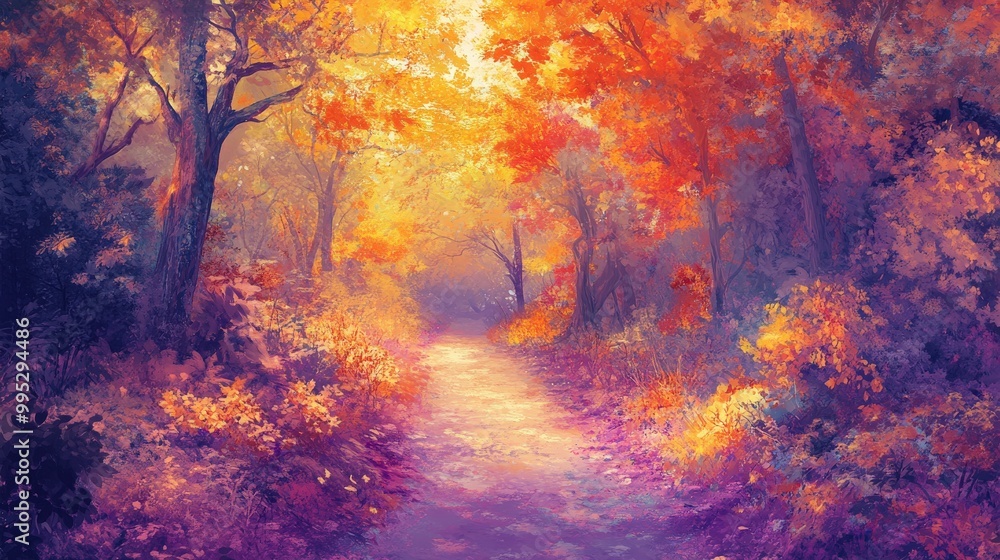 Autumn path in a tranquil forest, surrounded by vibrant, fiery fall colors that create a magical and peaceful walking journey Autumn path in a tranquil forest, surrounded by vibrant, fiery fall colors that create a magical and peaceful walking journey