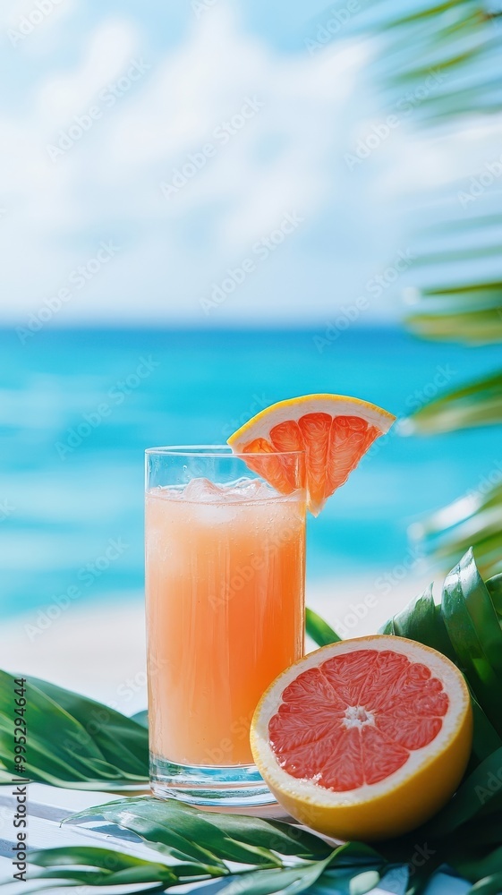 Fresh grapefruit juiced into a glass of citrus beverage, set by the sea for a serene scene. Fresh grapefruit juiced into a glass of citrus beverage, set by the sea for a serene scene.