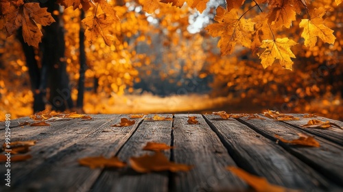 Autumn table in a forest of golden orange leaves. The wooden surface complements the rich fall colors, creating a warm, inviting setting photo