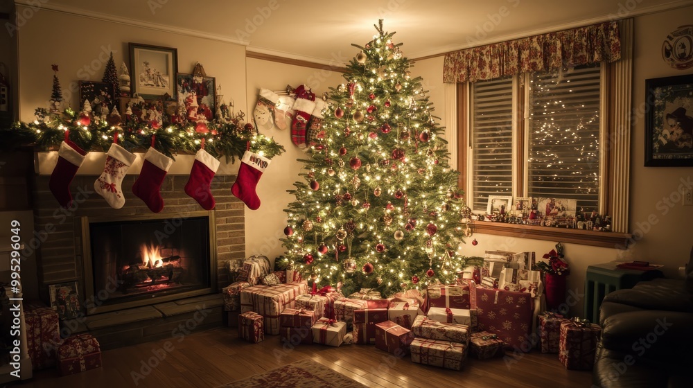 A beautifully decorated Christmas tree with sparkling ornaments and twinkling lights, surrounded by neatly wrapped gifts, stockings hung by the fireplace, and a warm festive atmosphere A beautifully decorated Christmas tree with sparkling ornaments and twinkling lights, surrounded by neatly wrapped gifts, stockings hung by the fireplace, and a warm festive atmosphere