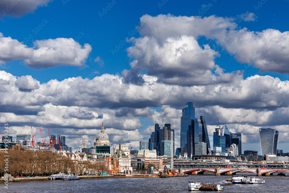 View of City skyscrapers with famous St.Paul's Cathedral from the river Themes south side on March 30, 2024 London, UK View of City skyscrapers with famous St.Paul's Cathedral from the river Themes south side on March 30, 2024 London, UK