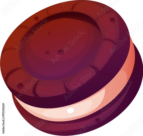 Cartoon round chocolate cookie sandwich confectionery and sweet pastry. Vector dark brown cookie dessert with a light cream filling. Delicious treat with a rich cocoa flavor, tasty confection food