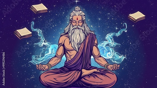 Brahma surrounded by floating Vedas, cosmic waves radiating from his form, representing divine creation