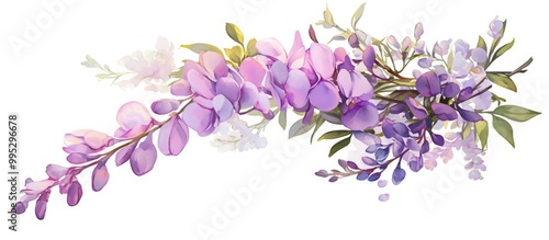 Illustration of a cluster of lilac genista flowers isolated on a white background