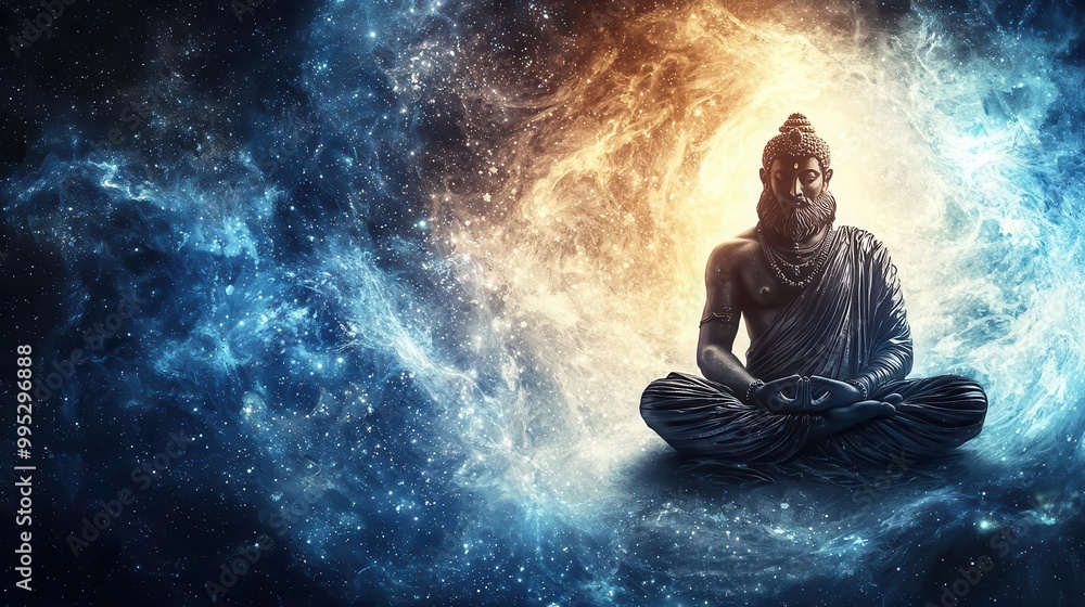 Brahma surrounded by floating Vedas, cosmic waves radiating from his form, representing divine creation Brahma surrounded by floating Vedas, cosmic waves radiating from his form, representing divine creation