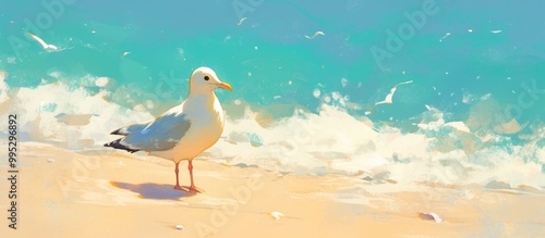 Close up painting of a charming young seagull on a sandy beach photo