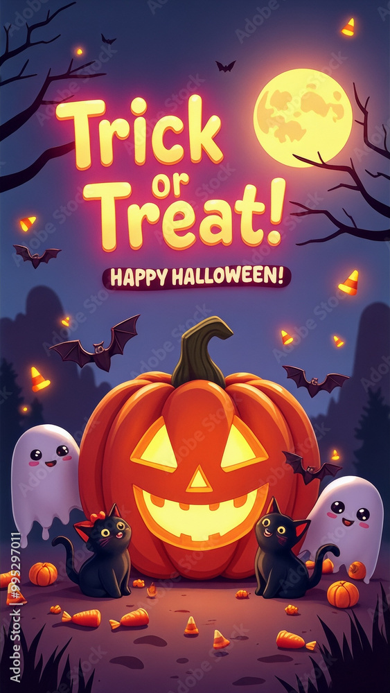 Halloween themed poster with a pumpkin and two cats Halloween themed poster with a pumpkin and two cats