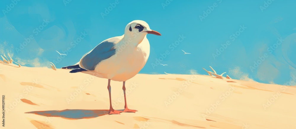 Fototapeta premium Close up painting of a charming young seagull on a sandy beach