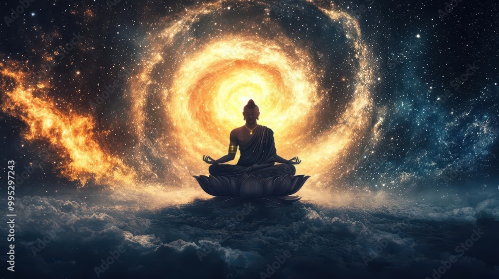 Brahma, the Creator, seated on a cosmic lotus, surrounded by swirling galaxies, symbolizing the birth of the universe Brahma, the Creator, seated on a cosmic lotus, surrounded by swirling galaxies, symbolizing the birth of the universe