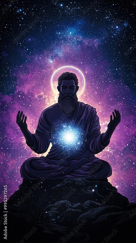 Brahma with a cosmic halo, holding the blueprint of the universe, Hindu mythology of creation Brahma with a cosmic halo, holding the blueprint of the universe, Hindu mythology of creation