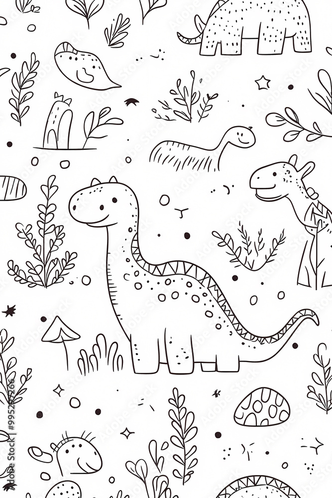 Adorable line art dinosaurs in a whimsical seamless pattern Adorable line art dinosaurs in a whimsical seamless pattern