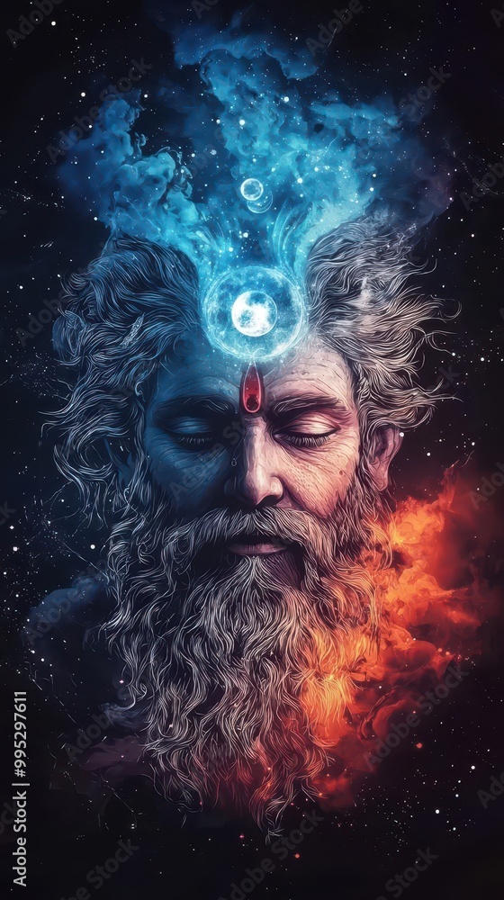 Brahma with four faces, creating life forms, surrounded by glowing cosmic symbols, Hinduism and creation Brahma with four faces, creating life forms, surrounded by glowing cosmic symbols, Hinduism and creation