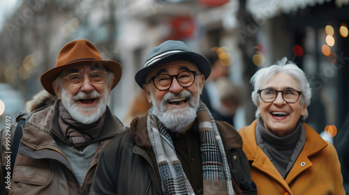 Happy group of senior people walking outdoors - Laughing aged friends having fun on city street