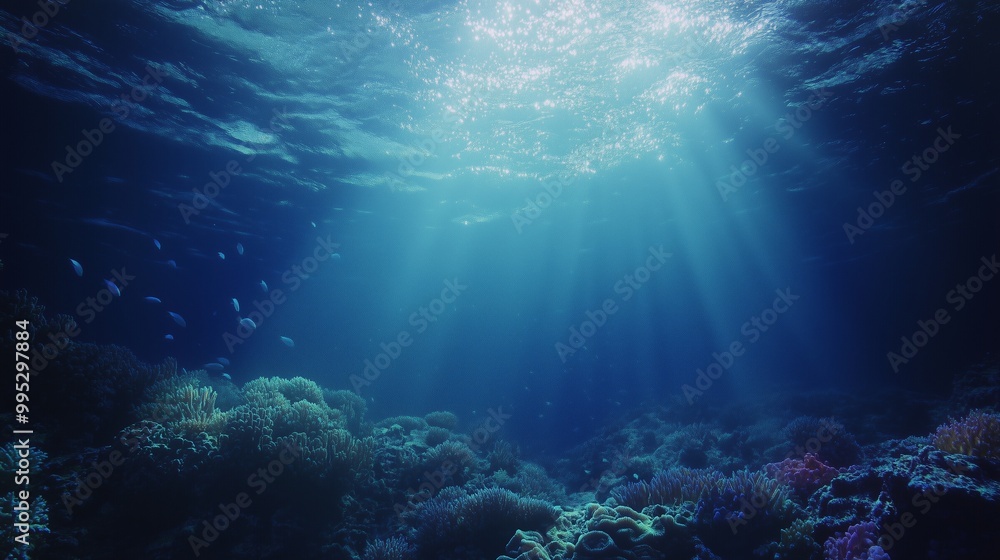 A serene underwater scene shows sunlight through waves, fish silhouettes, and vibrant coral contrasts. A serene underwater scene shows sunlight through waves, fish silhouettes, and vibrant coral contrasts.