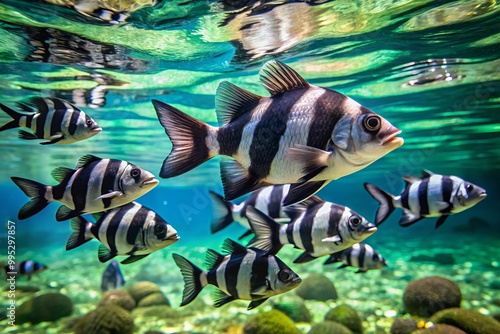 Striking Black and White Fish Swimming Elegantly in Clear Water with Natural Light Reflections photo