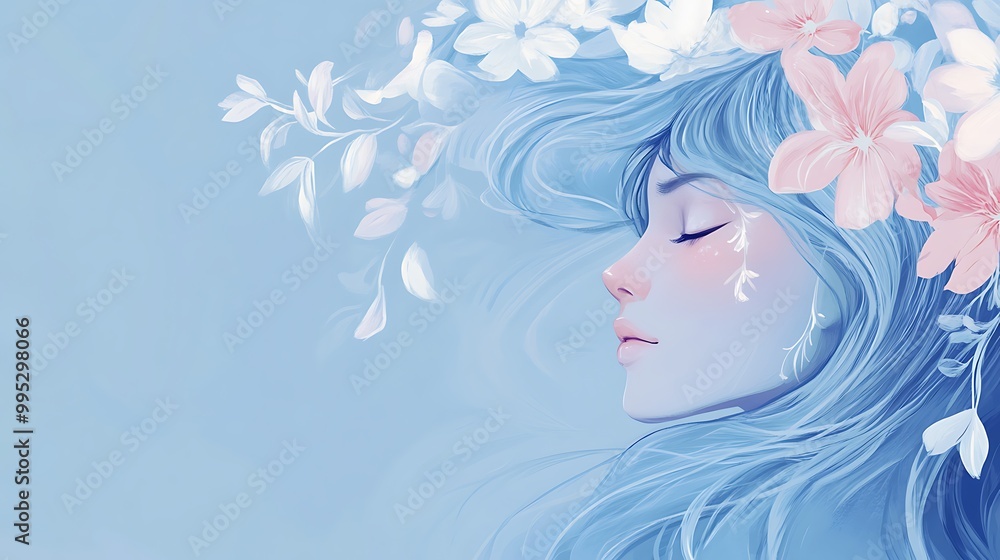 Painting a girl with blue hair and smooth skin with flowers around her head, women and beauty concept Painting a girl with blue hair and smooth skin with flowers around her head, women and beauty concept