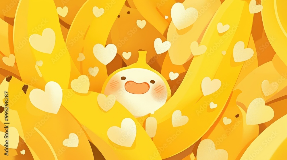 Illustration of a banana character surrounded by a symmetrical pattern of playful hearts showcasing a whimsical and childlike design Illustration of a banana character surrounded by a symmetrical pattern of playful hearts showcasing a whimsical and childlike design