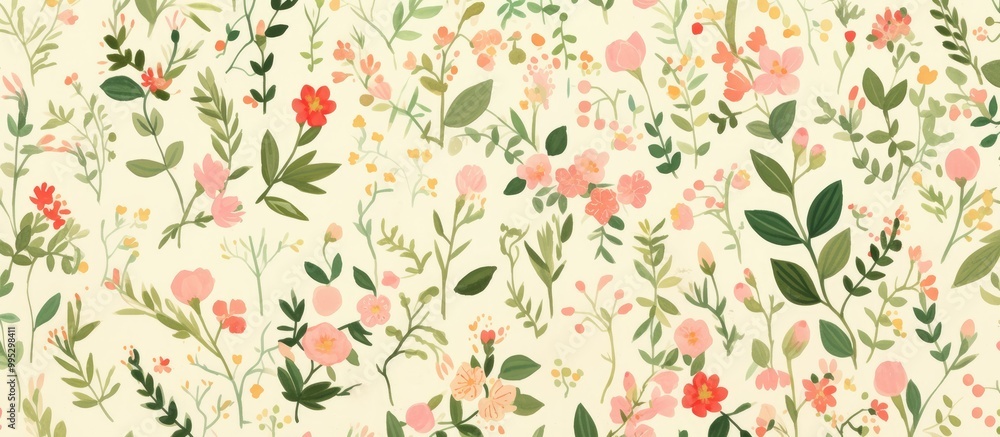Floral fabric featuring pink and green designs created using traditional block printing techniques Floral fabric featuring pink and green designs created using traditional block printing techniques