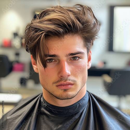 Attractive male in hair dressing stuido, 20-29 yrs old, with modern hairstyle  photo