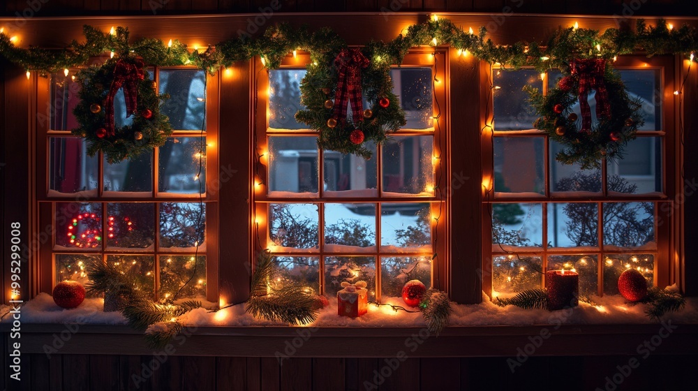 Christmas wreaths and glowing fairy lights are decorating the windows of a house, creating a magical festive holiday atmosphere in the evening outdoor. New year decor for home exterior and interior Christmas wreaths and glowing fairy lights are decorating the windows of a house, creating a magical festive holiday atmosphere in the evening outdoor. New year decor for home exterior and interior
