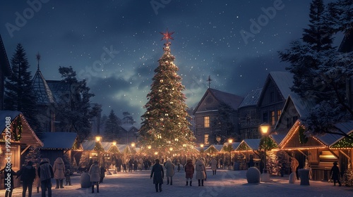 Evening at a magical outdoor christmas market, people shopping and strolling amid snow-covered street, tree, twinkling lights, creating a cozy winter wonderland. Merry Christmas and Happy New Year