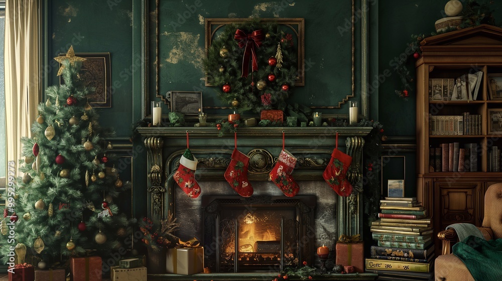 Fototapeta premium Cozy christmas scene with a crackling fire, stockings, and festive decorations in a warm living room, celebrating with loved ones during the winter holidays. Happy New Year and Merry Christmas