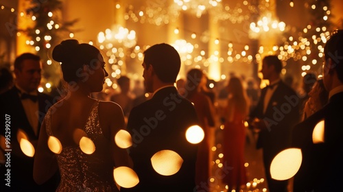 a christmas party with elegant people mingling and having conversations under a warm ambient light. The banquet hall is full of people. Happy New Year and Merry Christmas event