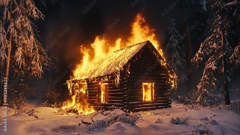 Burning Cabin in a Snowy Forest Burning Cabin in a Snowy Forest