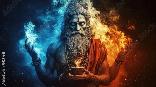 Fourheaded Brahma holding the Vedas, standing on a lotus in the cosmic ocean, embodying divine creation