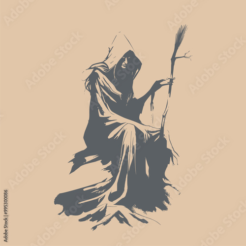Silhouette of young cute witch girl with broomstick. Long curly hair. Halloween relative character silhouette