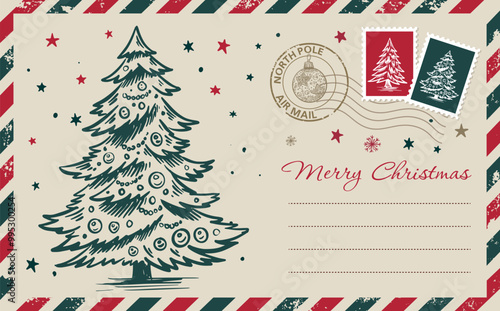 Postcard, Christmas mail with tree, letter, hand drawn illustration.	