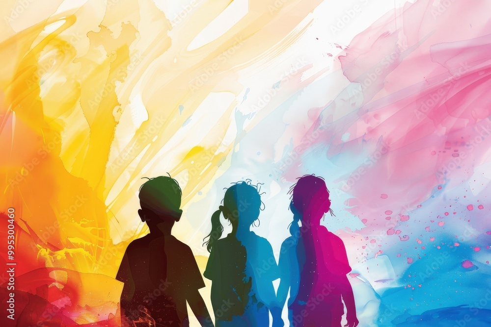 Three children are shown in a colorful, abstract background. generative ai image Three children are shown in a colorful, abstract background. generative ai image