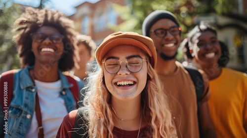 Happy multiracial friends having fun together walking on city street - Group of young people hanging out in town on a sunny day - University students talking and laugh out loud