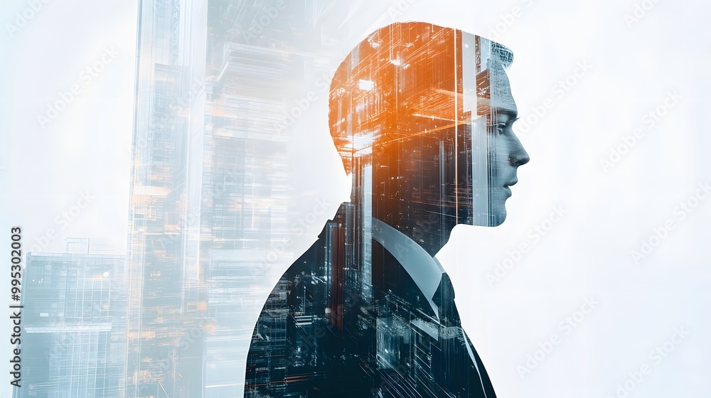 Double Exposure Image of Business Person on modern city background. Future business and communication technology concept. Surreal futuristic cityscape and abstract multiple exposure graphic interface. Double Exposure Image of Business Person on modern city background. Future business and communication technology concept. Surreal futuristic cityscape and abstract multiple exposure graphic interface.