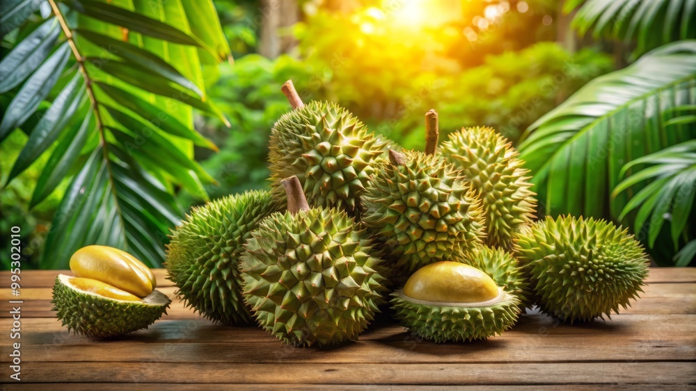 The colorful durian sits atop a rustic wooden table, encircled by lush tropical foliage, bathed in warm natural The colorful durian sits atop a rustic wooden table, encircled by lush tropical foliage, bathed in warm natural