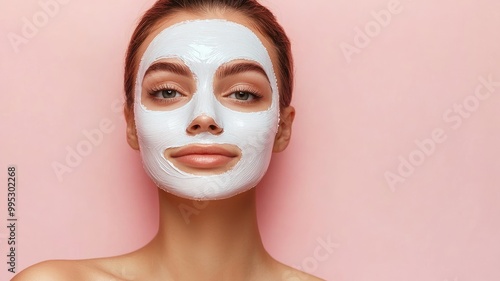 Woman with facial mask relishing skincare on pink backdrop