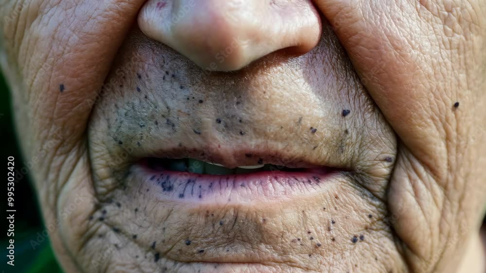 Exploring the profound details of an elderly man's face during a summer afternoon in a serene garden setting