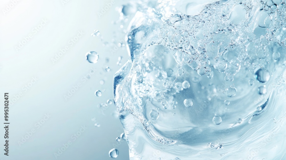 Close-up of clear, sparkling water droplets and splashes against light background Close-up of clear, sparkling water droplets and splashes against light background