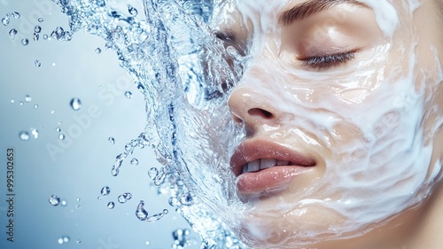 Serene woman washes her face with water and cleanser