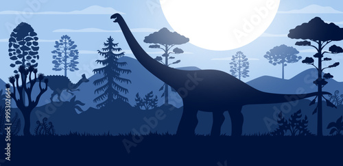 Prehistoric landscape with dinosaur lizard silhouettes at Jurassic forest, vector background with sunset. Cartoon prehistoric giant lizard and dinosaur silhouettes in jungle forest with sun in sky