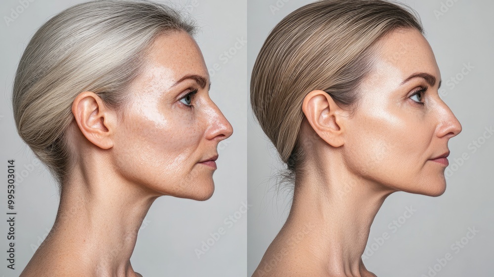 Female before-and-after skin comparison, showing improvement and aging differences Female before-and-after skin comparison, showing improvement and aging differences