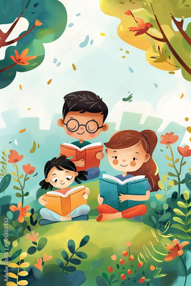 Three children are sitting on a grassy hillside, reading books Three children are sitting on a grassy hillside, reading books