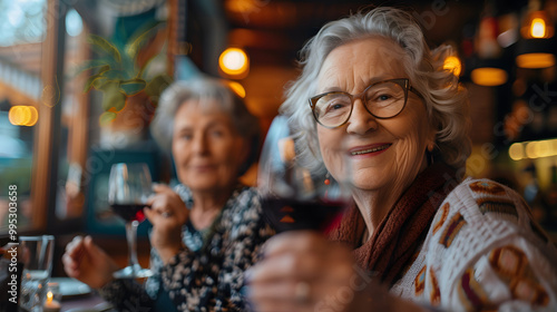 Happy senior women drinking red wine at bar restaurant