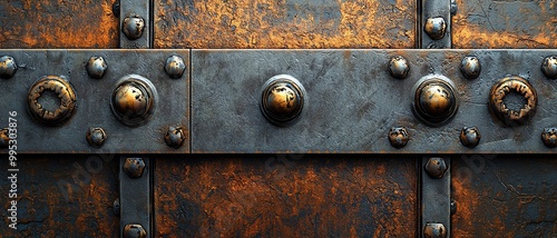 A closeup of rivets and metal textures, forming a detailed and complex abstract industrial background