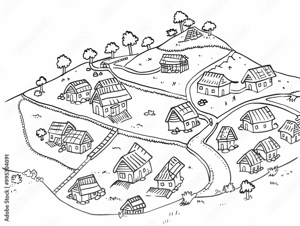 Fototapeta premium Line Drawing of Village Map: Simplified Outline Depicting Cultural Spatial Layout in One Line