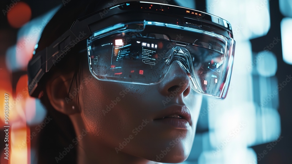 A girl in cyberpunk and digital VR glasses plays the video game of the future A girl in cyberpunk and digital VR glasses plays the video game of the future