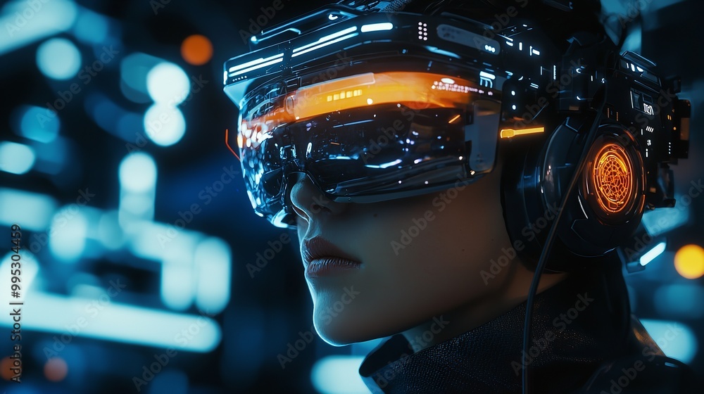 A girl in cyberpunk and digital VR glasses plays the video game of the future A girl in cyberpunk and digital VR glasses plays the video game of the future